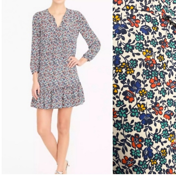 J Crew Long Sleeve Floral Print Fiery Sunset Mini Dress Size M - Picture 1 of 16